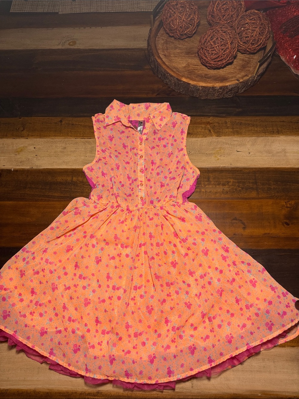 Beautees Girls Sleeveless Orange Pink Floral Dress